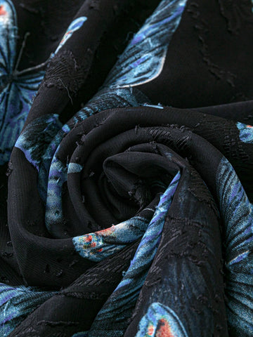 Butterfly Print Bat Sleeve Black And Blue Dress