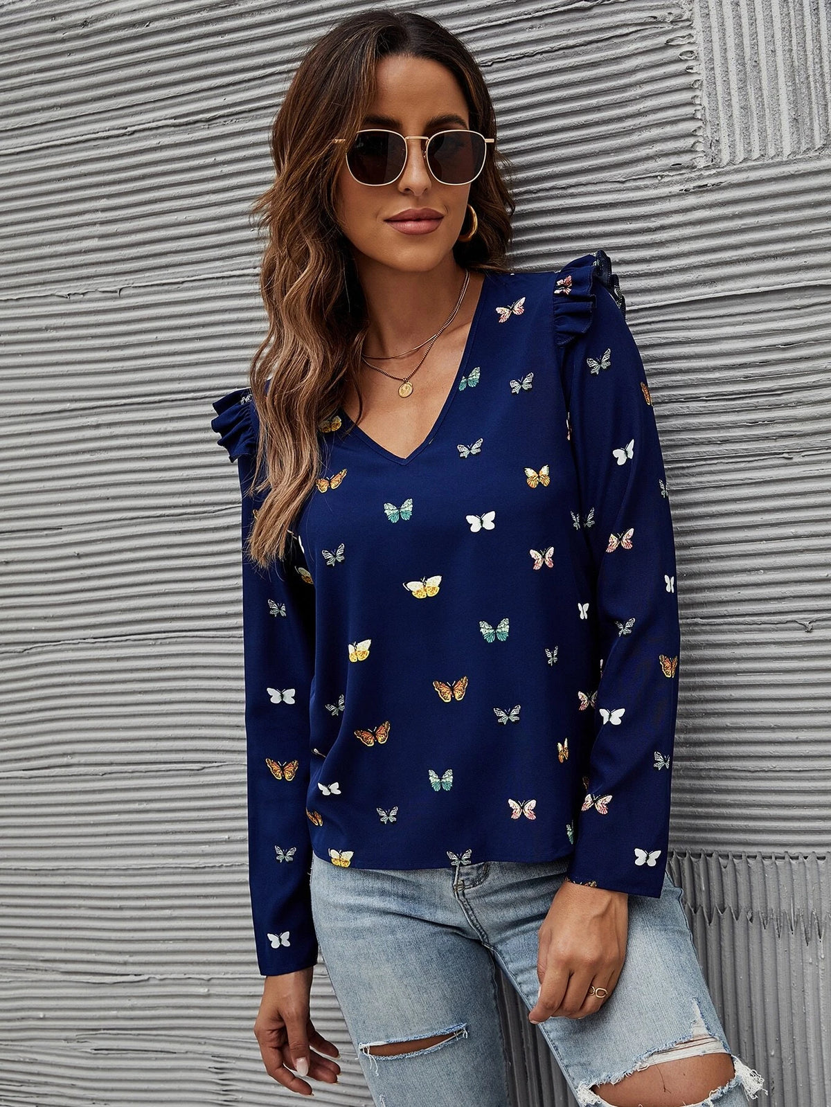 Clasi Butterfly Print Ruffle Trim Blouse