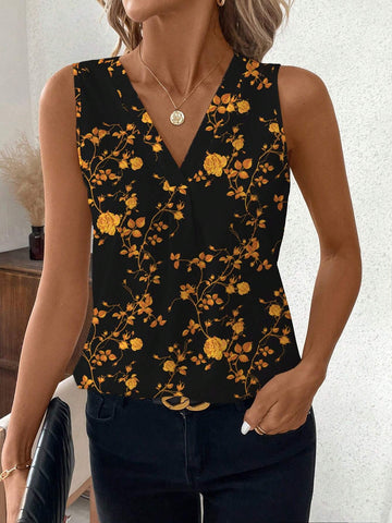 Clasi Casual Ditsy Floral V-Neck Sleeveless Blouse For Women, Suitable For Autumn & Summer