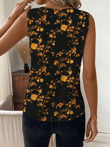 Clasi Casual Ditsy Floral V-Neck Sleeveless Blouse For Women, Suitable For Autumn & Summer