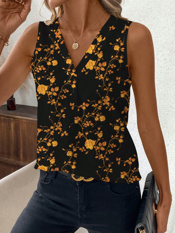 Clasi Casual Ditsy Floral V-Neck Sleeveless Blouse For Women, Suitable For Autumn & Summer