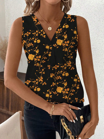 Clasi Casual Ditsy Floral V-Neck Sleeveless Blouse For Women, Suitable For Autumn & Summer