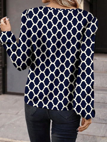 Clasi Casual Geometric Pattern Round Neck Long Sleeve Women Shirt, Fits Spring/Autumn