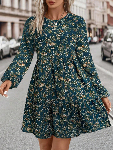 Casual Mini Ditsy Floral Lantern Sleeve Dress, Autumn