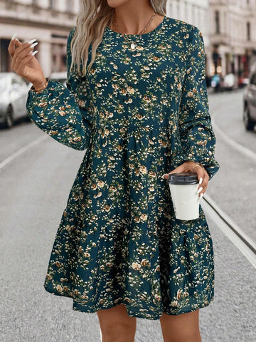 Casual Mini Ditsy Floral Lantern Sleeve Dress, Autumn