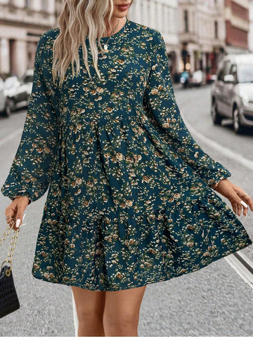 Casual Mini Ditsy Floral Lantern Sleeve Dress, Autumn