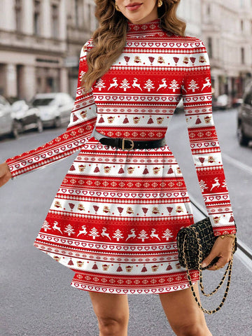 Casual Minimalist Christmas Short Long Sleeve Dress For Women, Suitable For Autumn/Winter