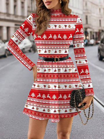 Casual Minimalist Christmas Short Long Sleeve Dress For Women, Suitable For Autumn/Winter