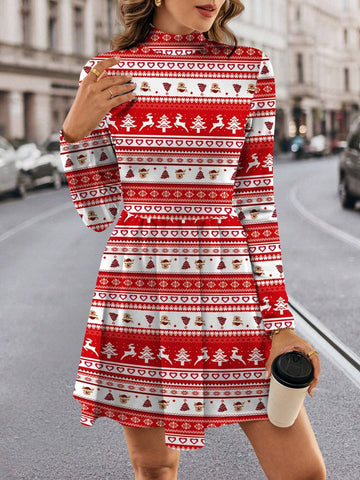 Casual Minimalist Christmas Short Long Sleeve Dress For Women, Suitable For Autumn/Winter