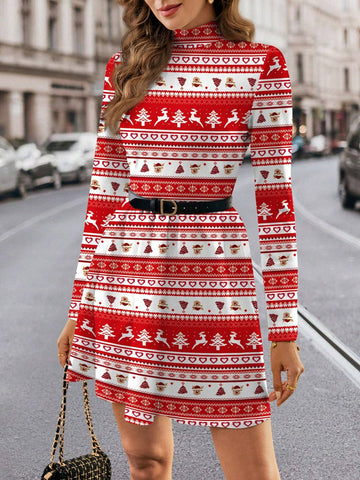 Casual Minimalist Christmas Short Long Sleeve Dress For Women, Suitable For Autumn/Winter