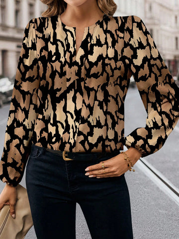 Clasi Casual Minimalist Leopard Pattern Women's Blouse, Suitable For Spring & Autumn