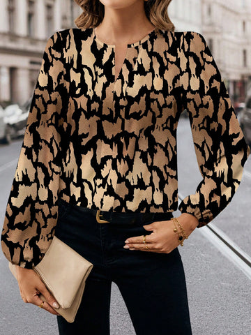 Clasi Casual Minimalist Leopard Pattern Women's Blouse, Suitable For Spring & Autumn