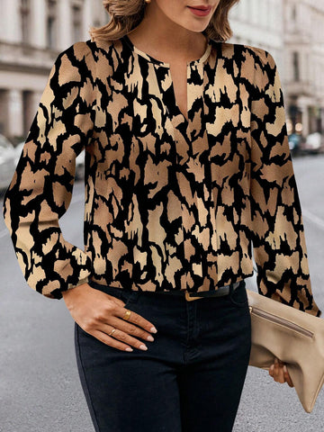 Clasi Casual Minimalist Leopard Pattern Women's Blouse, Suitable For Spring & Autumn