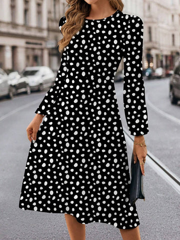 Casual Minimalist Round Neck Long Sleeve Dot Print Dress, Suitable For Autumn/Winter