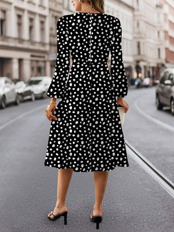 Casual Minimalist Round Neck Long Sleeve Dot Print Dress, Suitable For Autumn/Winter