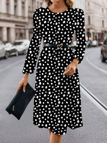 Casual Minimalist Round Neck Long Sleeve Dot Print Dress, Suitable For Autumn/Winter