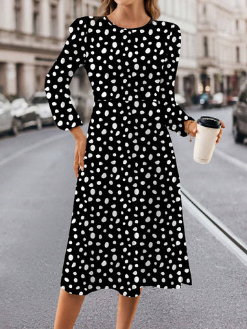 Casual Minimalist Round Neck Long Sleeve Dot Print Dress, Suitable For Autumn/Winter
