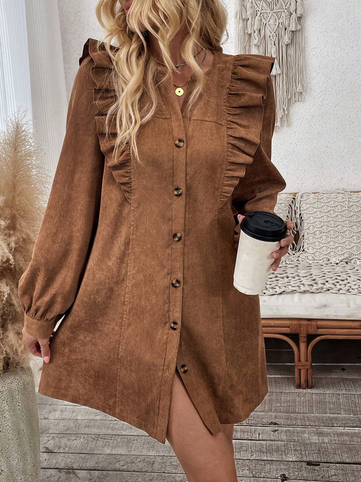 Casual Solid Color Corduroy Ruffle Front Button Dress, Spring & Fall
