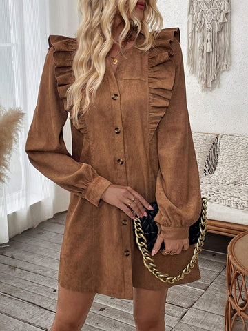 Casual Solid Color Corduroy Ruffle Front Button Dress, Spring & Fall