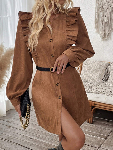 Casual Solid Color Corduroy Ruffle Front Button Dress, Spring & Fall