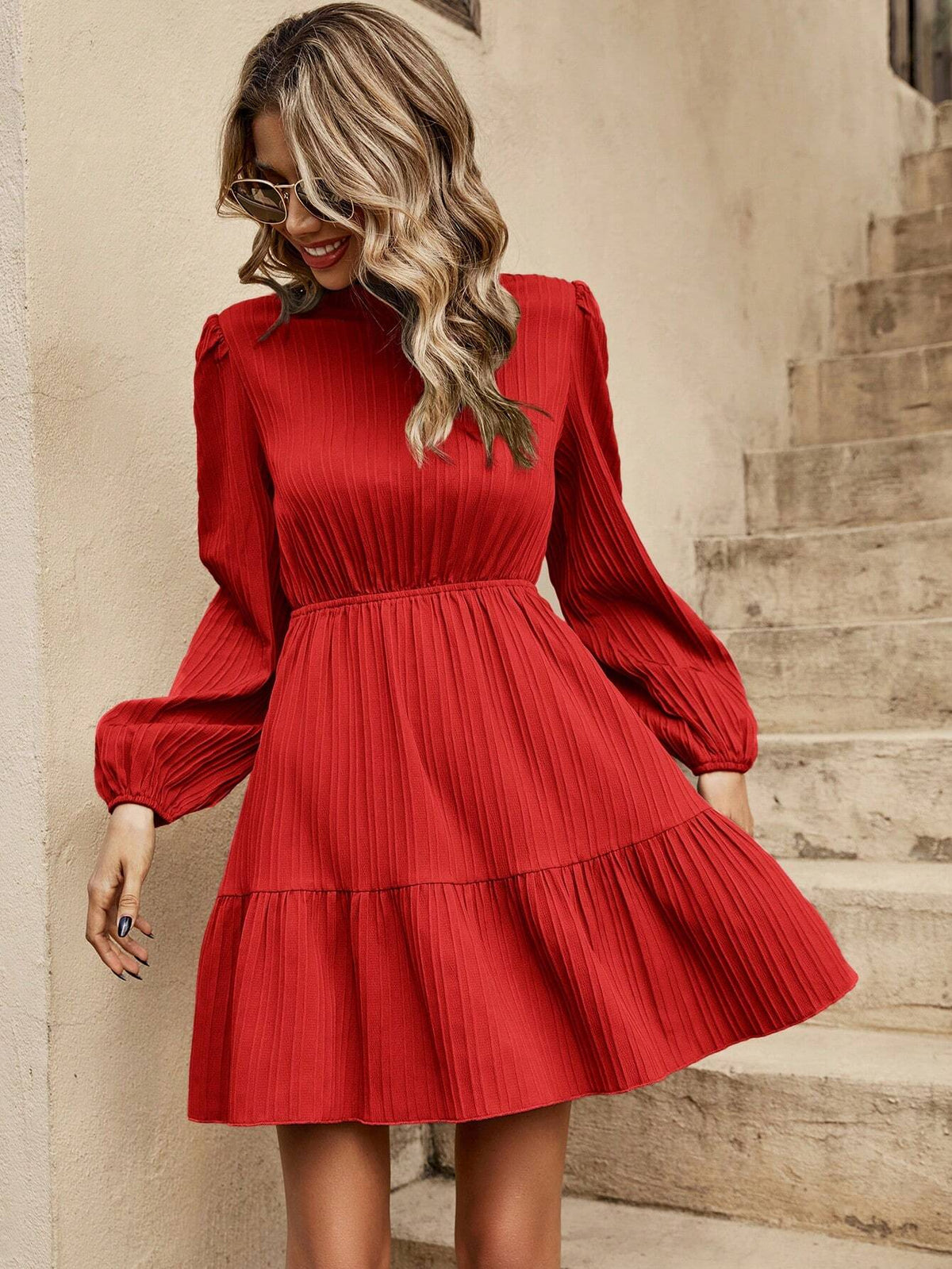 Casual Solid Color Lantern Sleeve Dress For Autumn