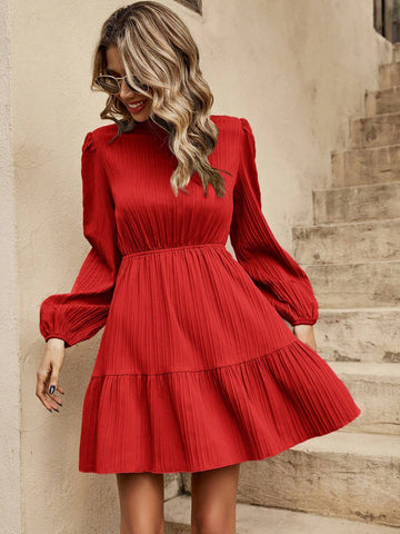 Casual Solid Color Lantern Sleeve Dress For Autumn