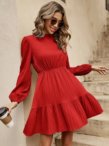 Casual Solid Color Lantern Sleeve Dress For Autumn