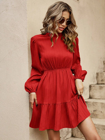 Casual Solid Color Lantern Sleeve Dress For Autumn