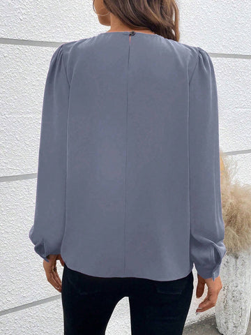 Clasi Casual Solid Color Pleated Puff Sleeve Shirt For Autumn