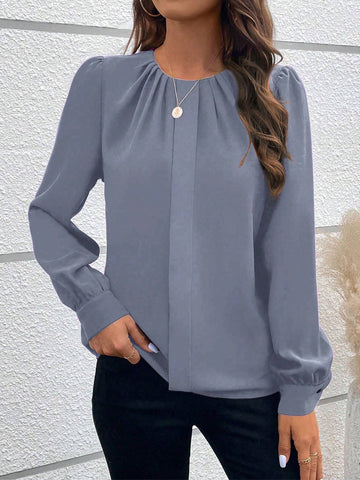 Clasi Casual Solid Color Pleated Puff Sleeve Shirt For Autumn