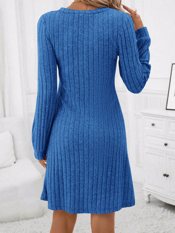 Casual Solid V Neck Ribbed Knit Dress For Autumn
