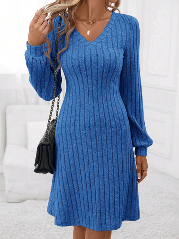 Casual Solid V Neck Ribbed Knit Dress For Autumn