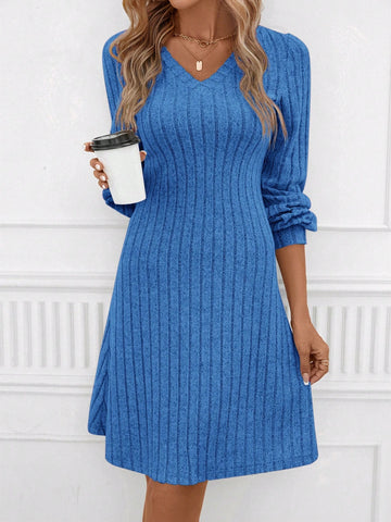 Casual Solid V Neck Ribbed Knit Dress For Autumn