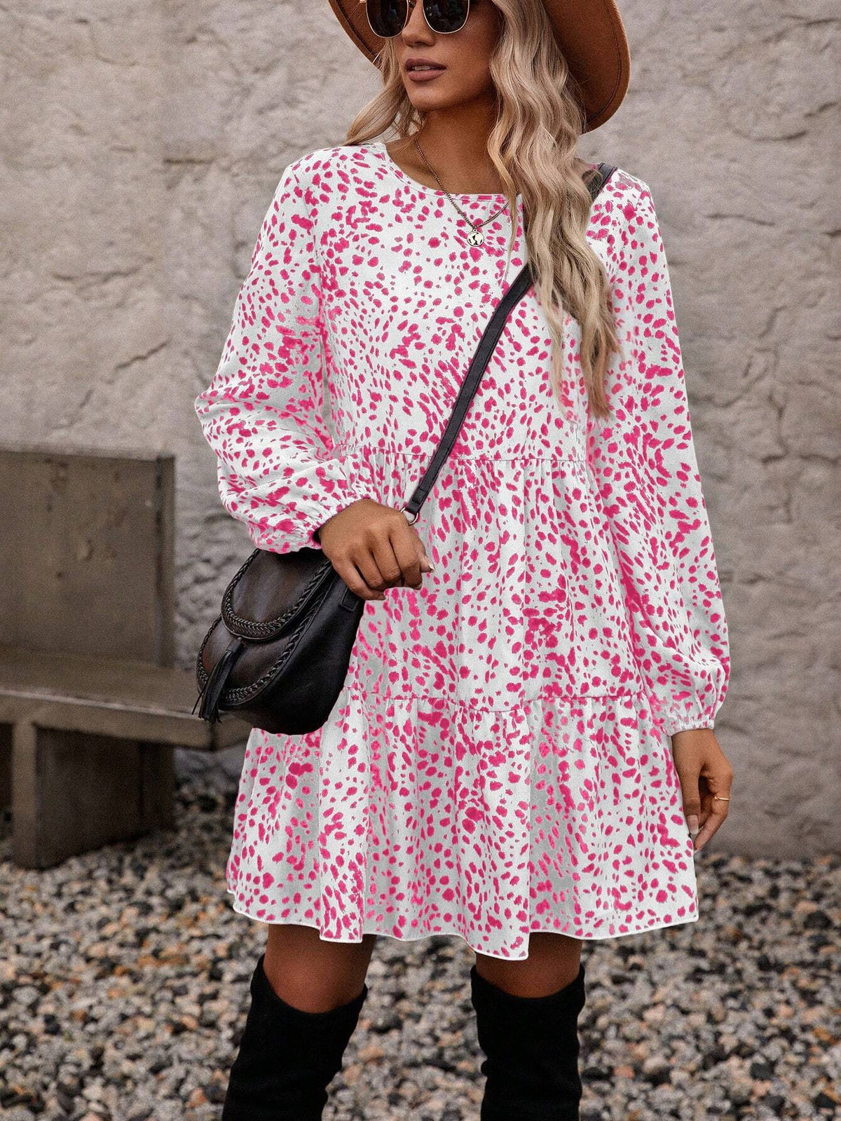 Casual Vacation Full Print Lantern Sleeve Dress
