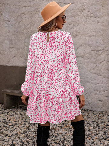 Casual Vacation Full Print Lantern Sleeve Dress