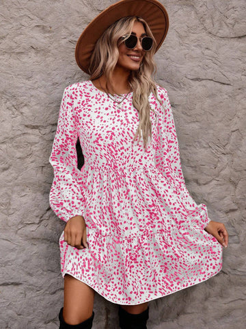 Casual Vacation Full Print Lantern Sleeve Dress