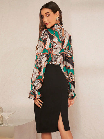 Chain Print Flounce Sleeve Top & Split Back Skirt