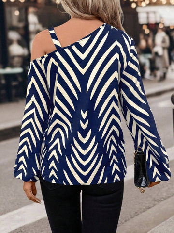 Clasi Chevron Print Asymmetrical Neck Lantern Sleeve Blouse