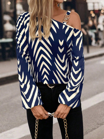Clasi Chevron Print Asymmetrical Neck Lantern Sleeve Blouse