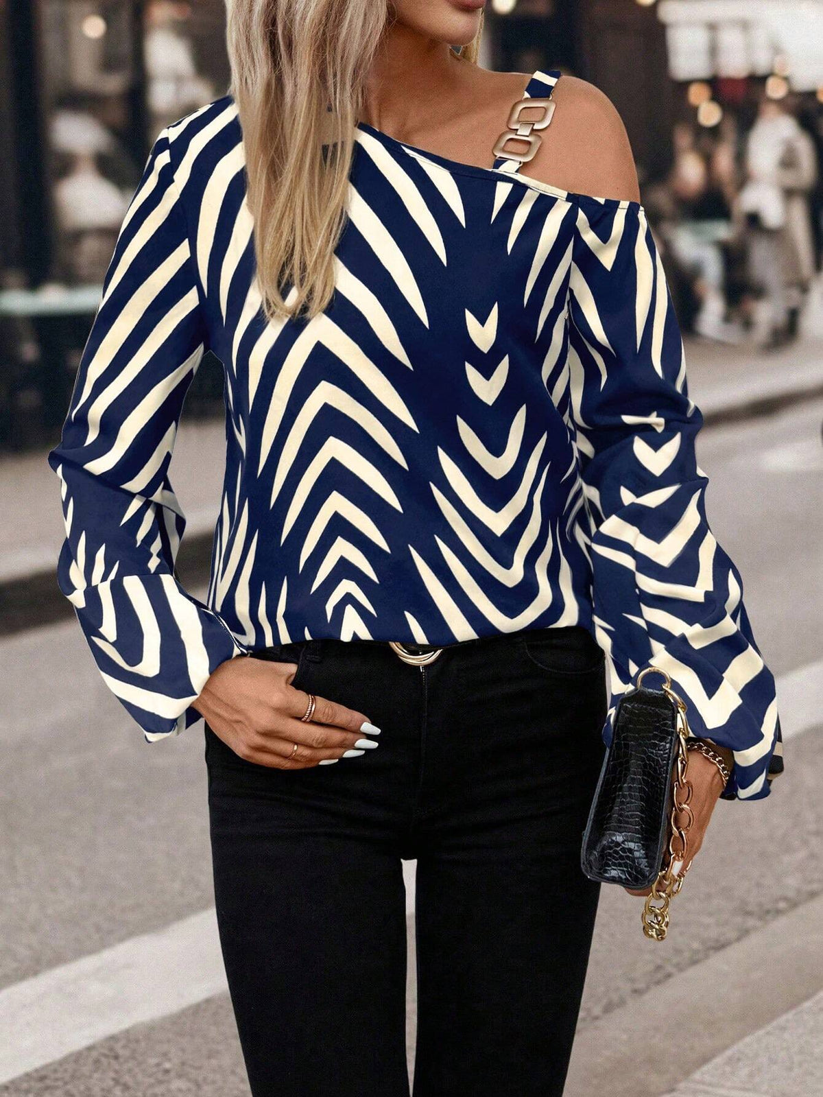 Clasi Chevron Print Asymmetrical Neck Lantern Sleeve Blouse