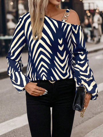 Clasi Chevron Print Asymmetrical Neck Lantern Sleeve Blouse