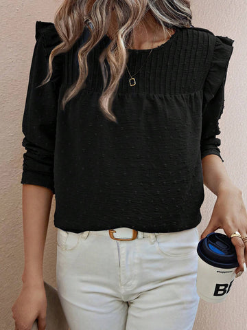 Clasi Classic Round Neck Casual Pleated Trim Long Sleeve Shirt