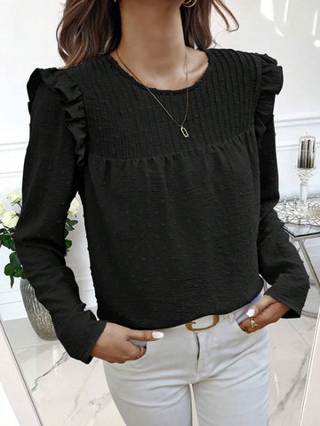 Clasi Classic Round Neck Casual Pleated Trim Long Sleeve Shirt