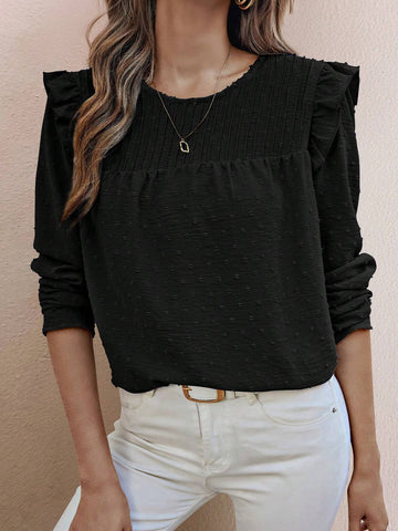 Clasi Classic Round Neck Casual Pleated Trim Long Sleeve Shirt