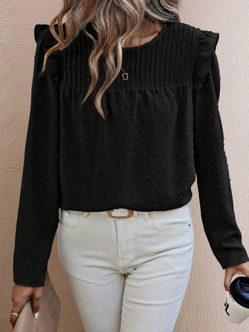 Clasi Classic Round Neck Casual Pleated Trim Long Sleeve Shirt