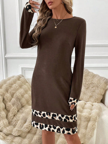 Coffee Color Leopard Print Trim Long Sleeve Casual Dress