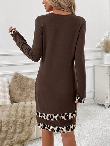 Coffee Color Leopard Print Trim Long Sleeve Casual Dress