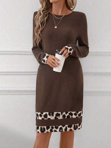 Coffee Color Leopard Print Trim Long Sleeve Casual Dress