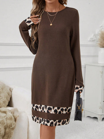 Coffee Color Leopard Print Trim Long Sleeve Casual Dress