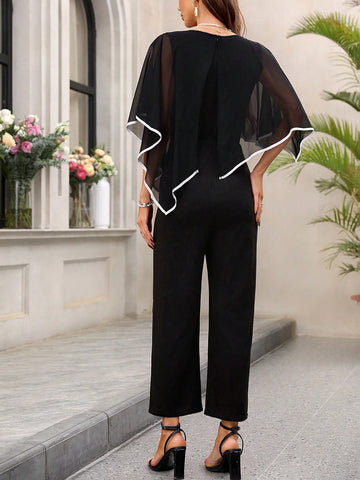 Color Block Cape Sleeve Jumpsuit With Contrast Trim